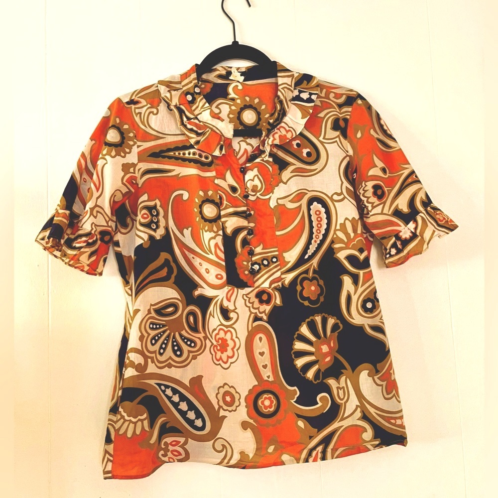 J.CREW ~ Retro, Button-Up, Frilled Neck, Short Sleeve, Paisley Blouse